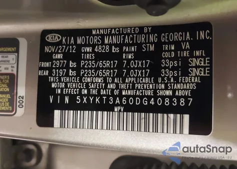 2013 Kia Sorento Lx из США, поврежденный, VIN 5XYKT3A60DG408387